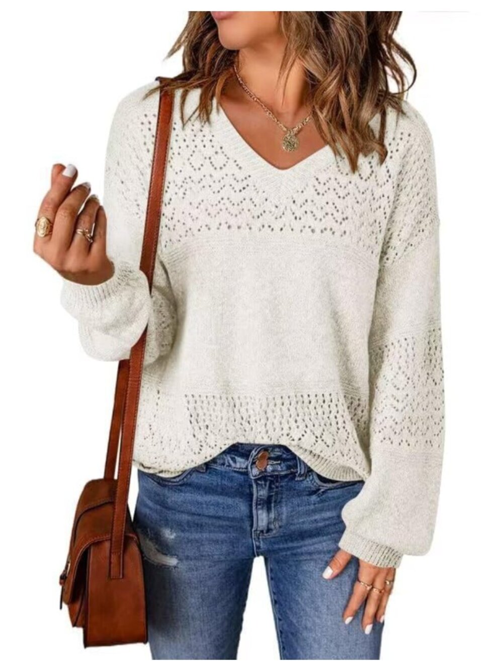 Women's V Neck Hollow Knit Pullover Sweater - Lightweight Polyester